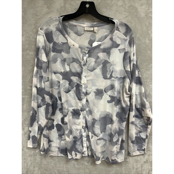 Logo Lori Goldstein Top Women's 1X Mesh Abstract Gray Long Sleeve Button Up - Picture 1 of 6